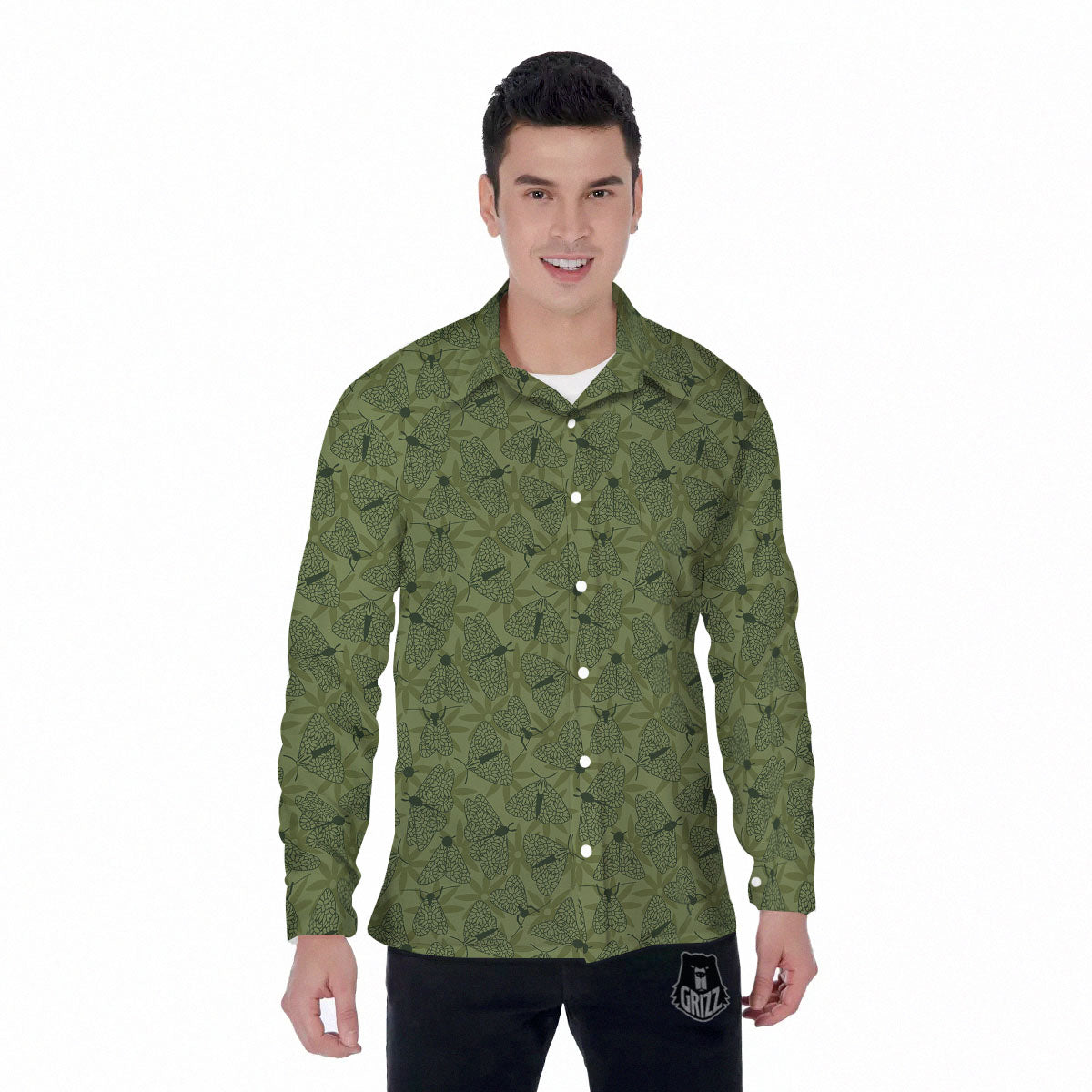 Butterfly Monarch Green Print Pattern Men's Long Sleeve Shirts-grizzshop