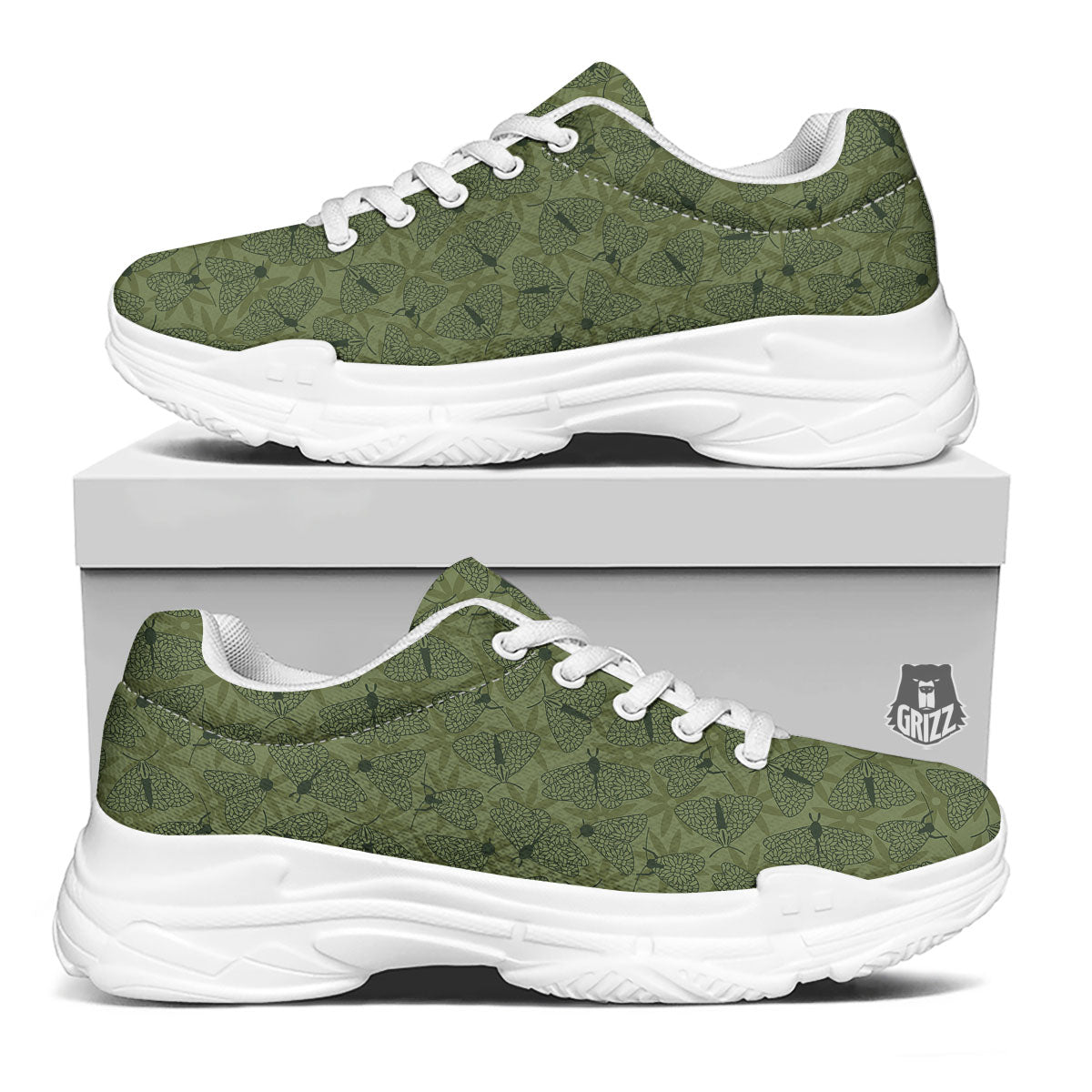 Butterfly Monarch Green Print Pattern White Chunky Shoes-grizzshop