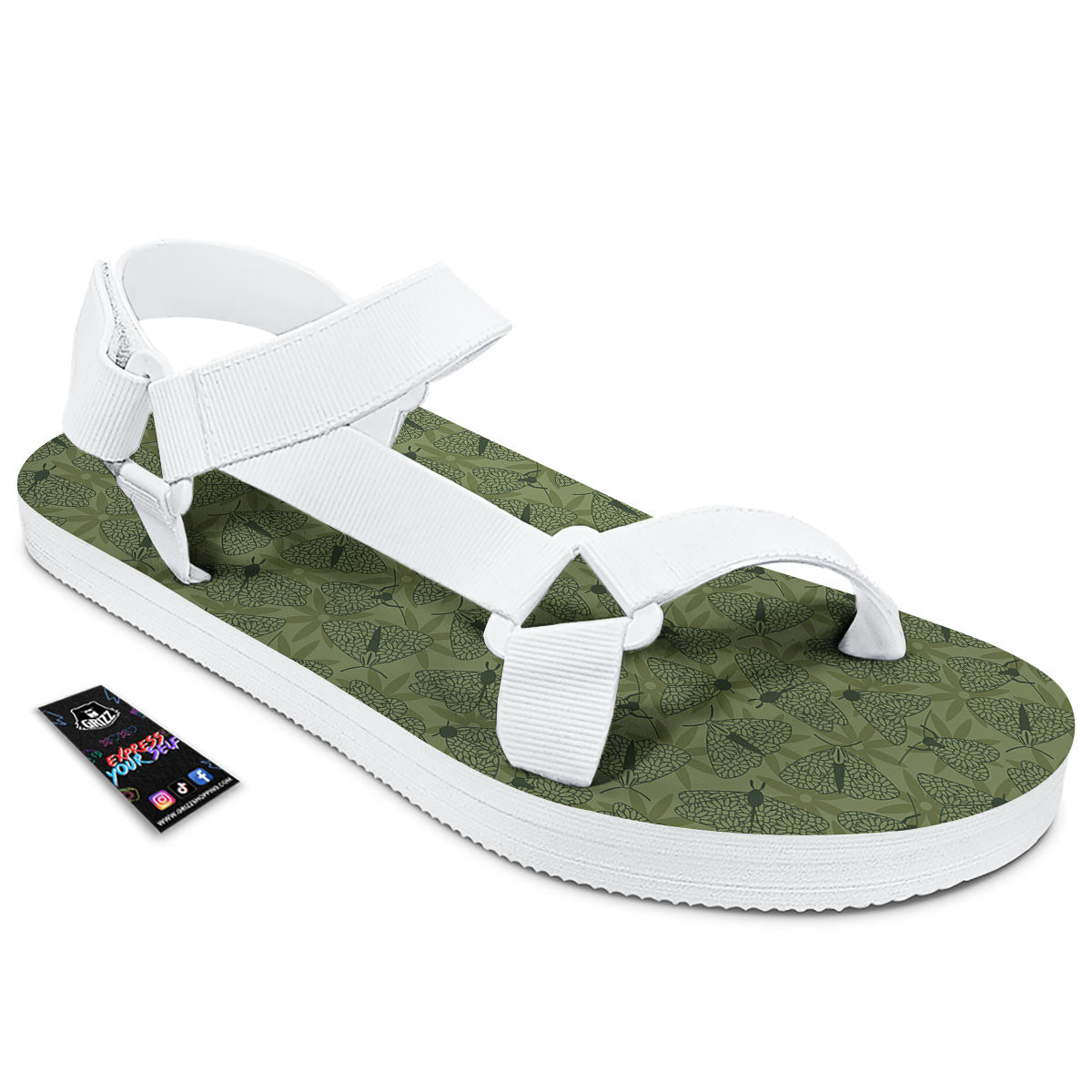 Butterfly Monarch Green Print Pattern White Open Toe Sandals-grizzshop