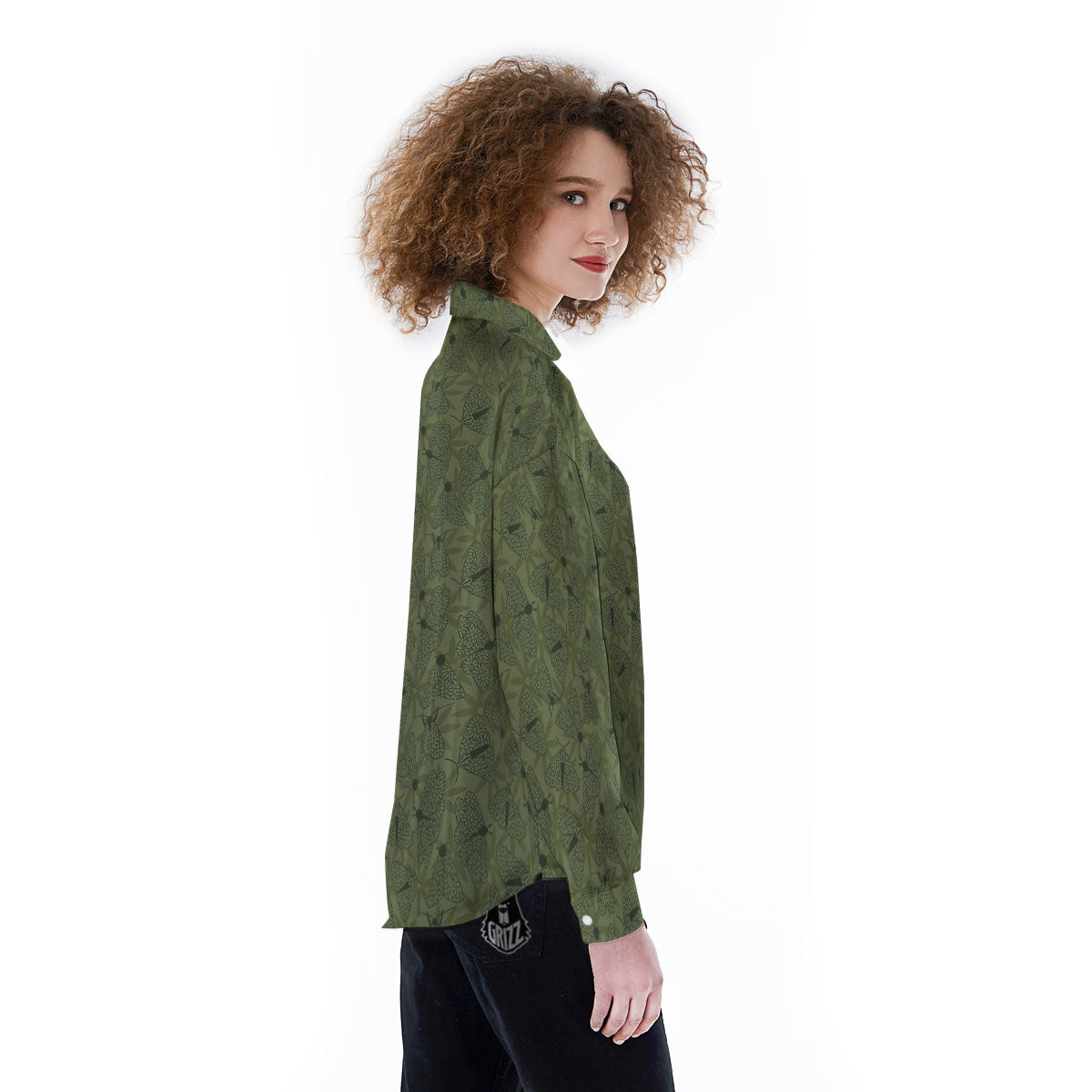 Butterfly Monarch Green Print Pattern Women's Long Sleeve Shirts-grizzshop