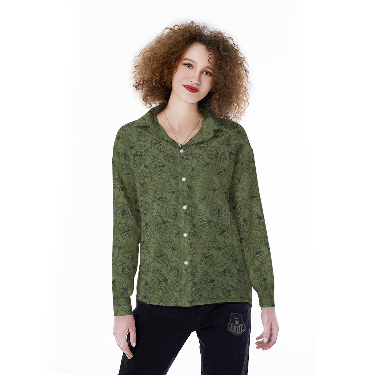 Butterfly Monarch Green Print Pattern Women's Long Sleeve Shirts-grizzshop