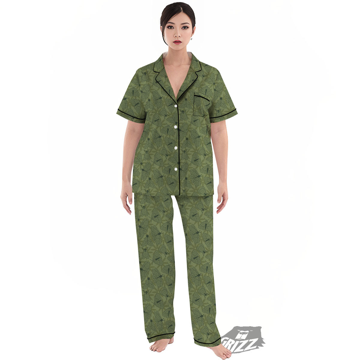 Butterfly Monarch Green Print Pattern Women's Pajamas Set-grizzshop