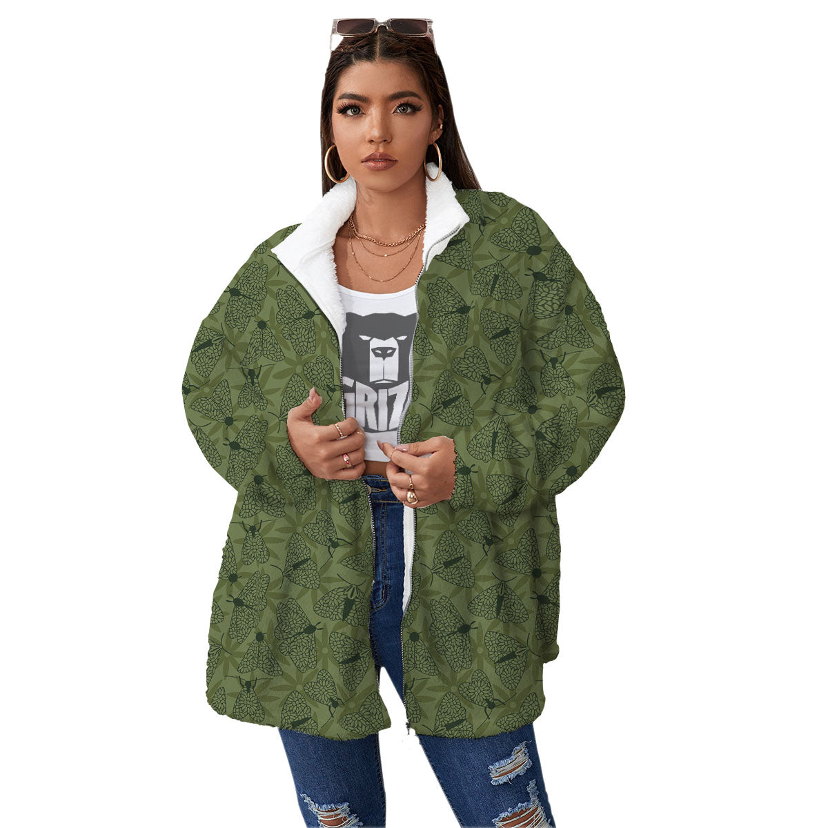 Butterfly Monarch Green Print Pattern Women's Sherpa Jacket-grizzshop