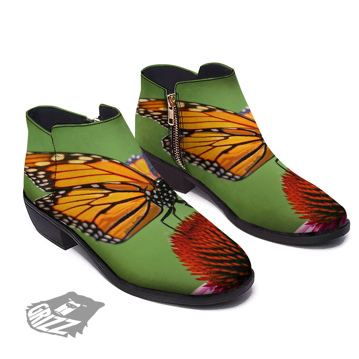 Butterfly Monarch Orange Print Ankle Boots-grizzshop