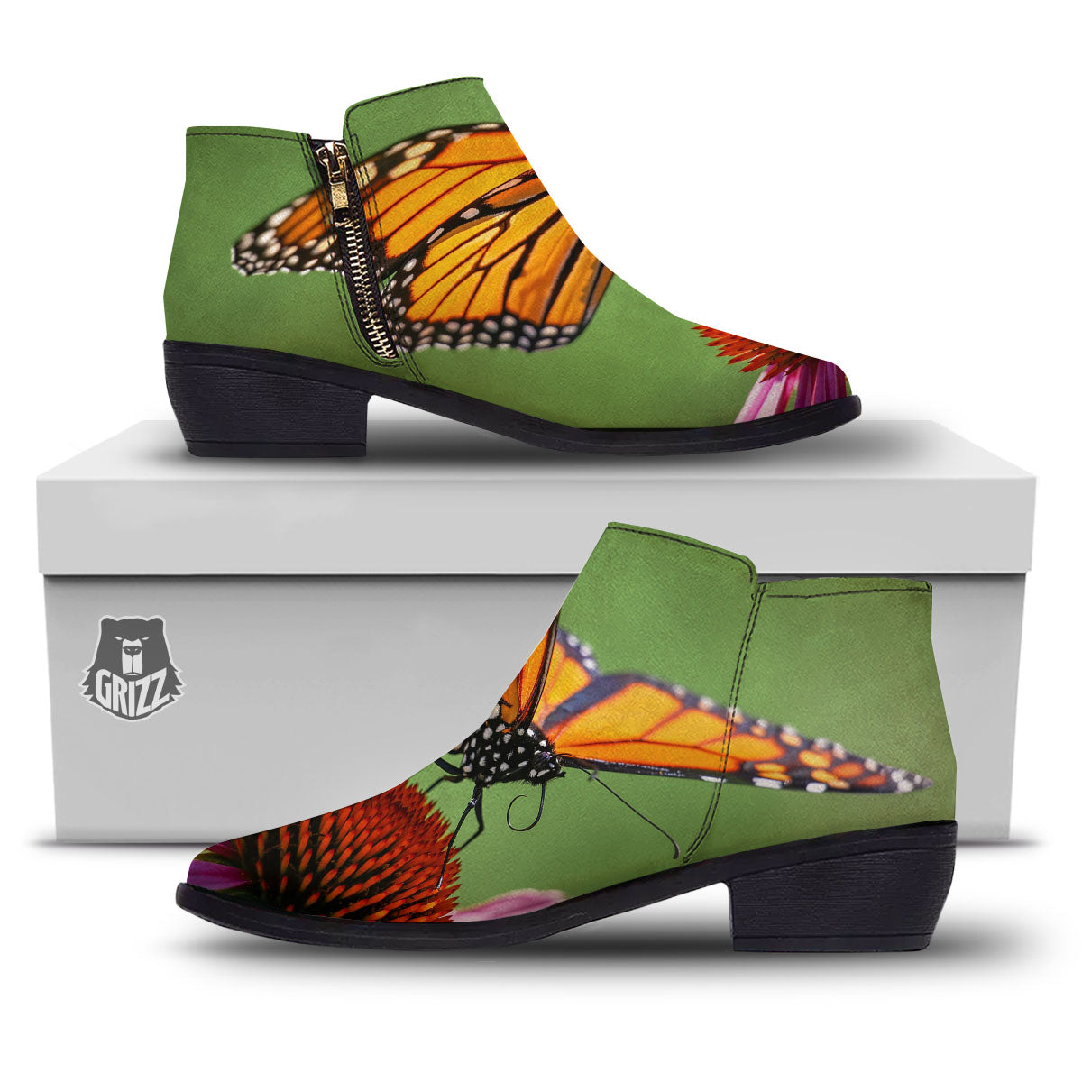 Butterfly Monarch Orange Print Ankle Boots-grizzshop