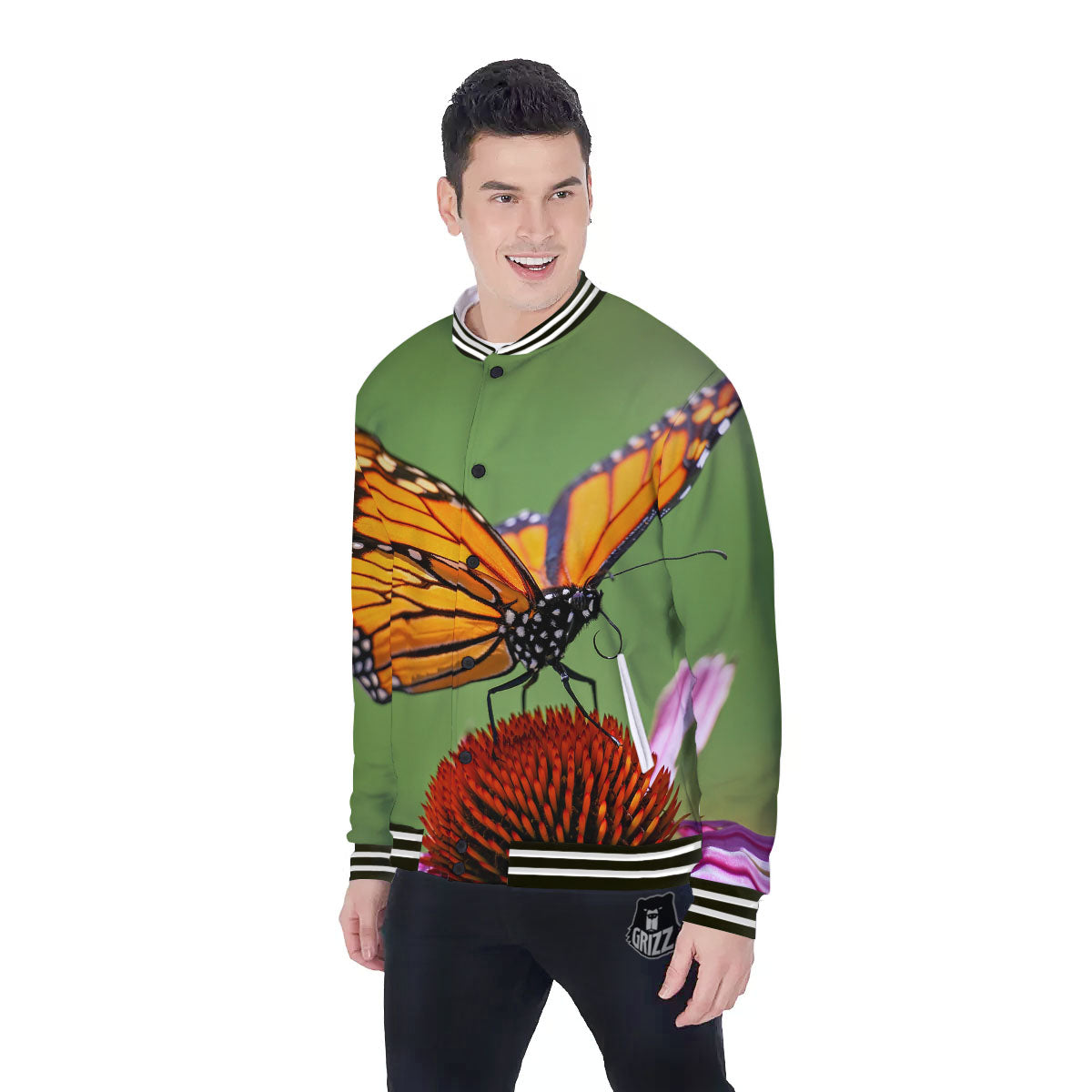 Butterfly Monarch Orange Print Baseball Jacket-grizzshop