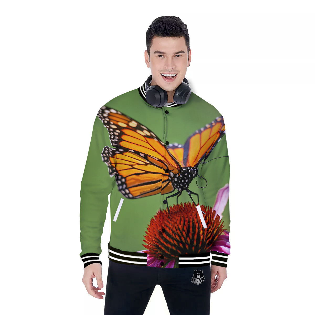 Butterfly Monarch Orange Print Baseball Jacket-grizzshop