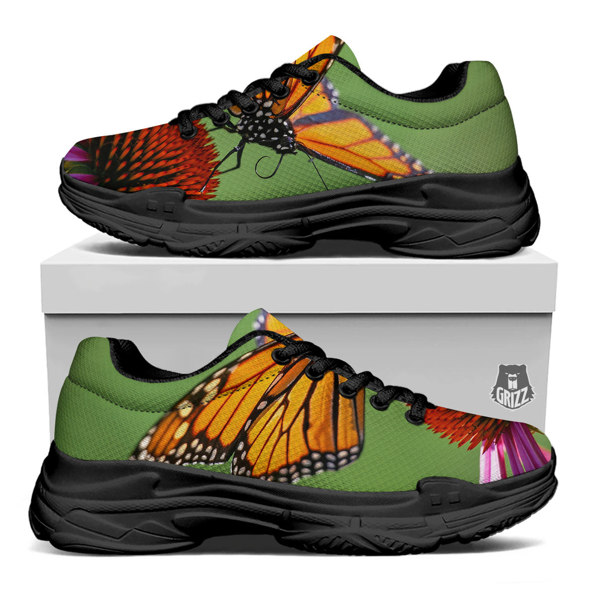 Butterfly Monarch Orange Print Black Chunky Shoes-grizzshop