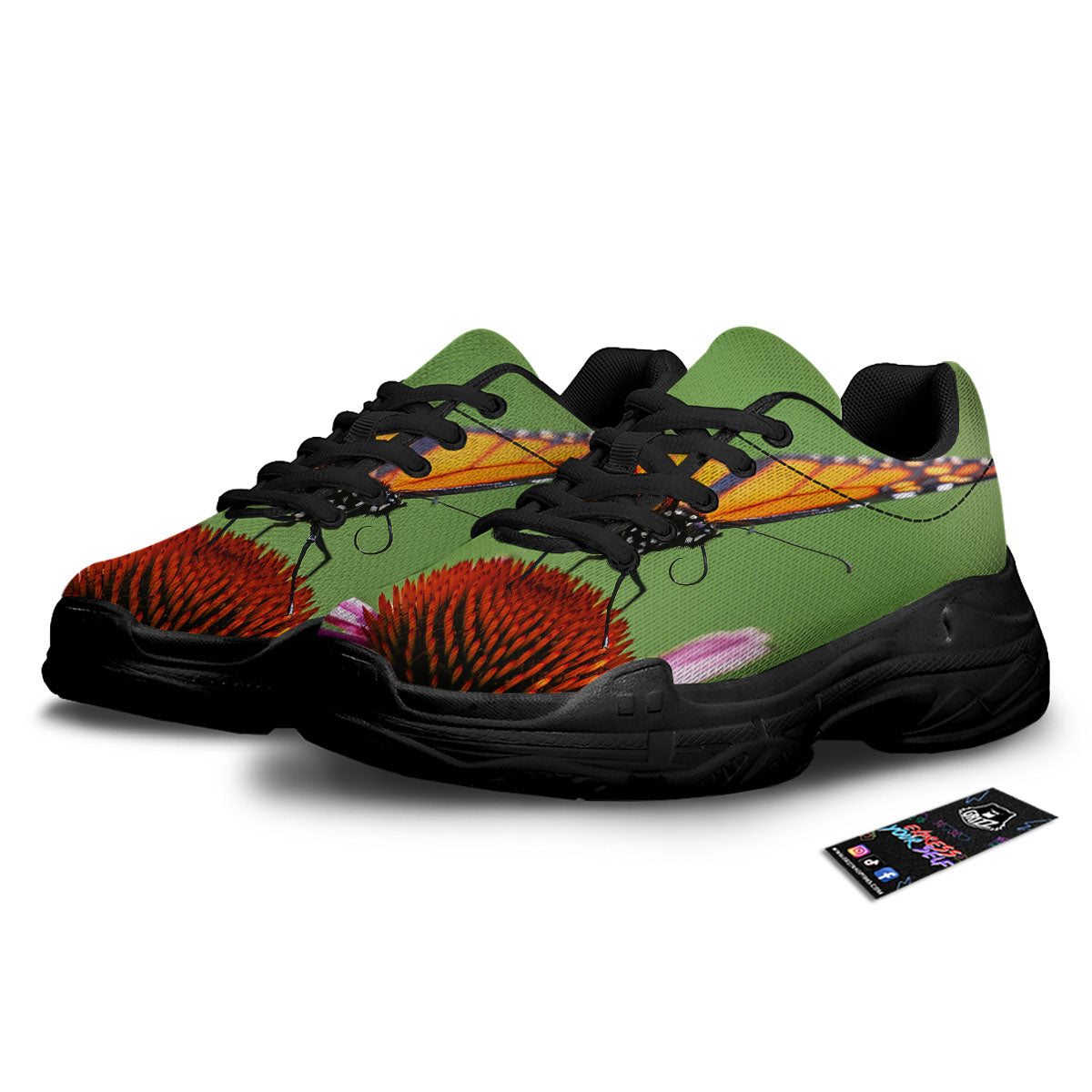 Butterfly Monarch Orange Print Black Chunky Shoes-grizzshop