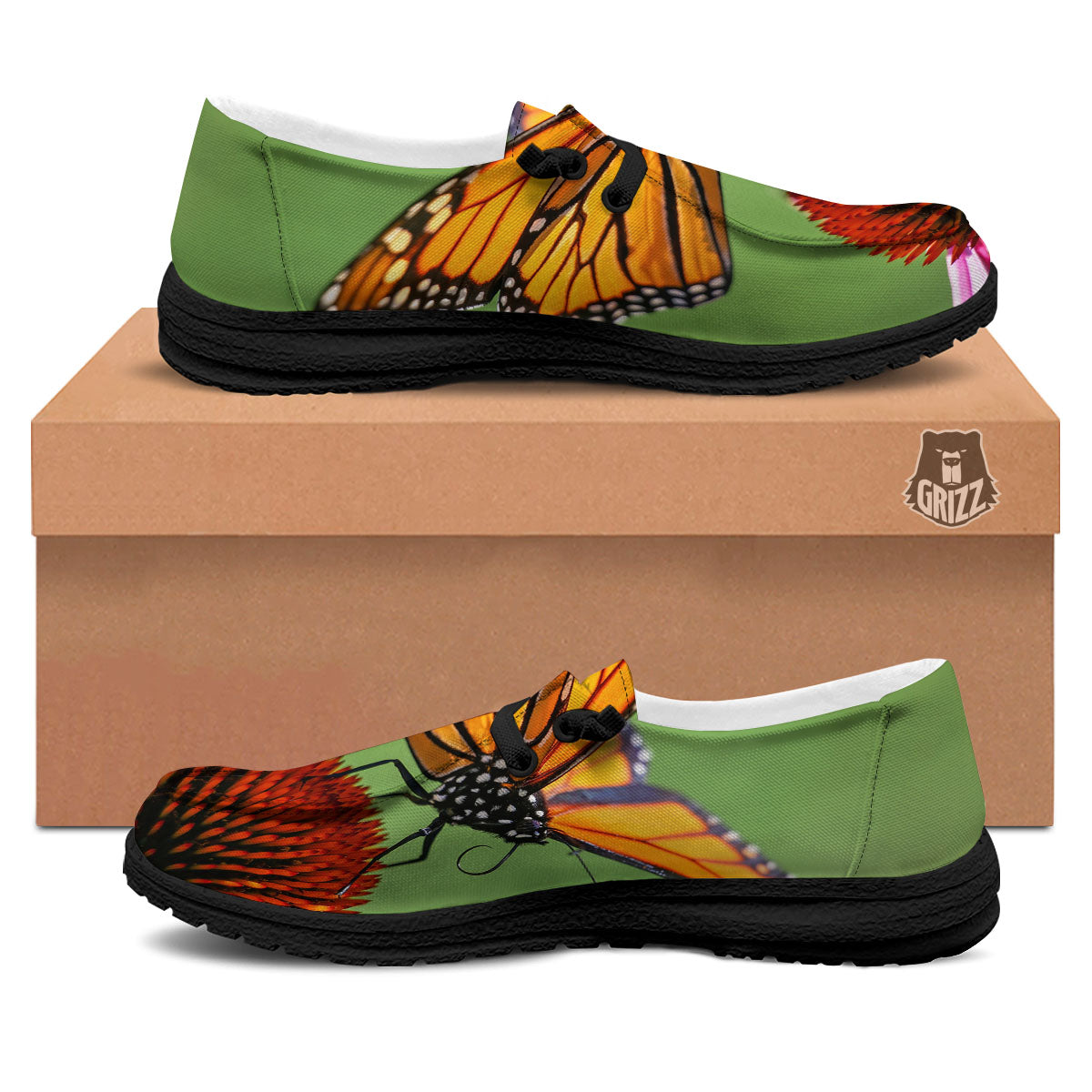 Butterfly Monarch Orange Print Black Loafers-grizzshop