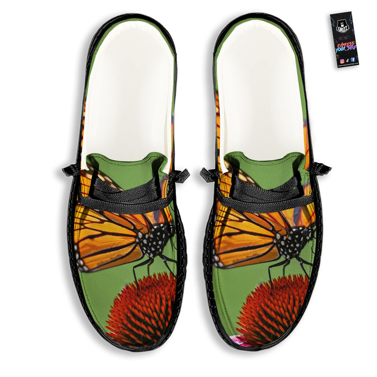 Butterfly Monarch Orange Print Black Loafers-grizzshop
