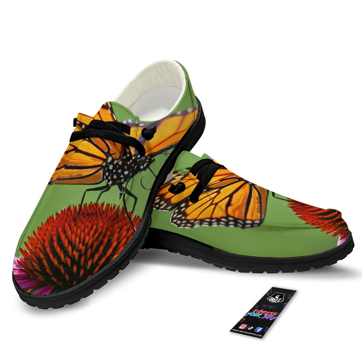 Butterfly Monarch Orange Print Black Loafers-grizzshop