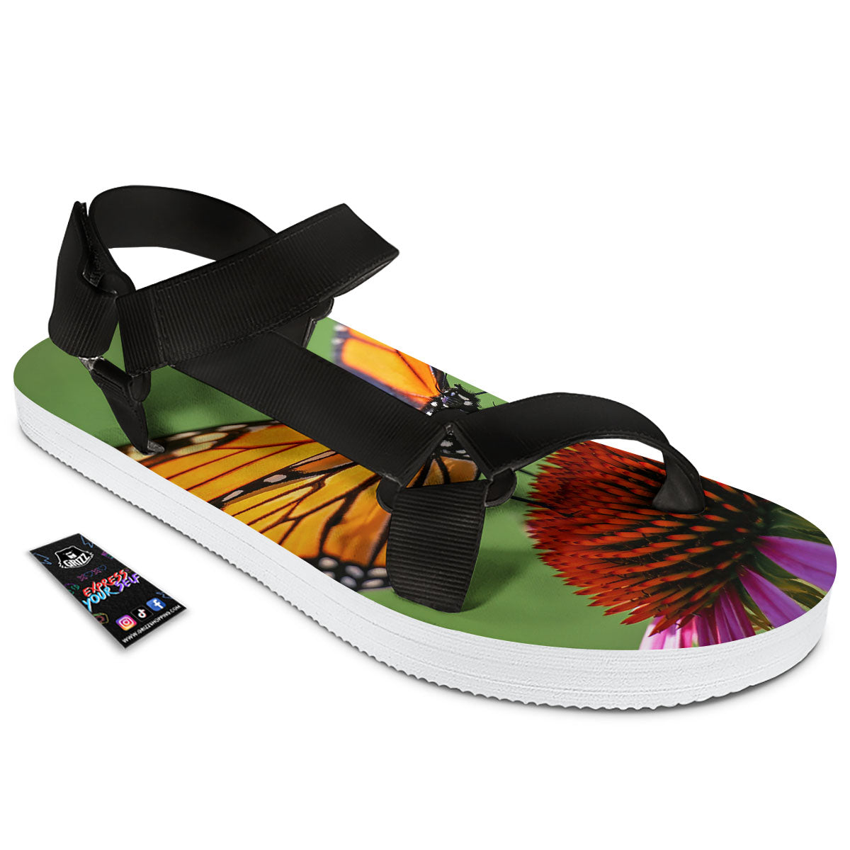 Butterfly Monarch Orange Print Black Open Toe Sandals-grizzshop