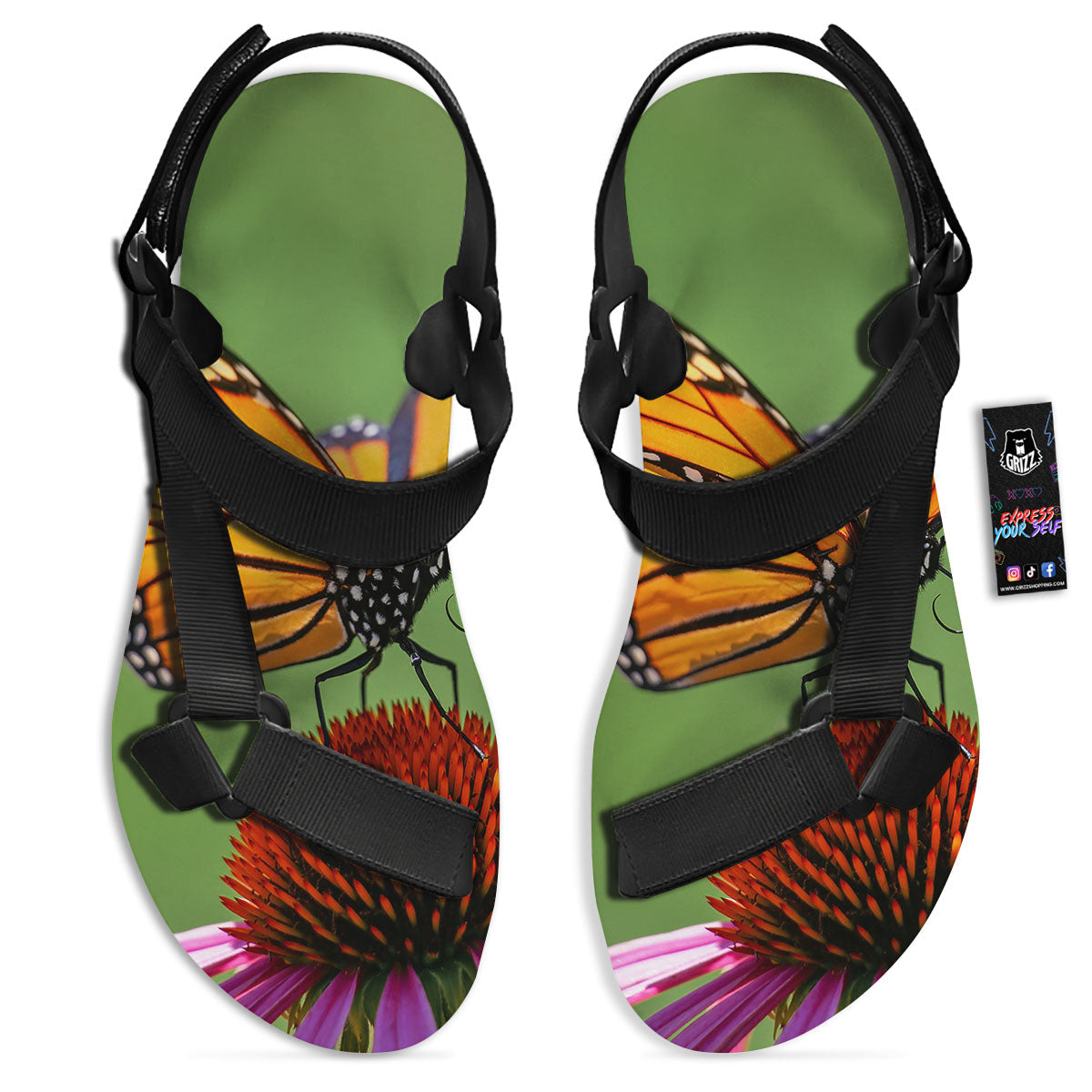 Butterfly Monarch Orange Print Black Open Toe Sandals-grizzshop