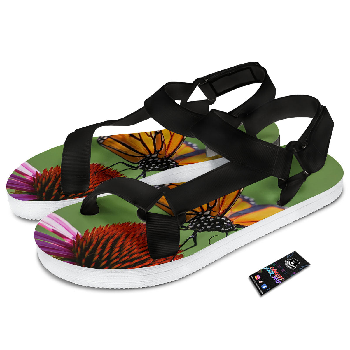 Butterfly Monarch Orange Print Black Open Toe Sandals-grizzshop