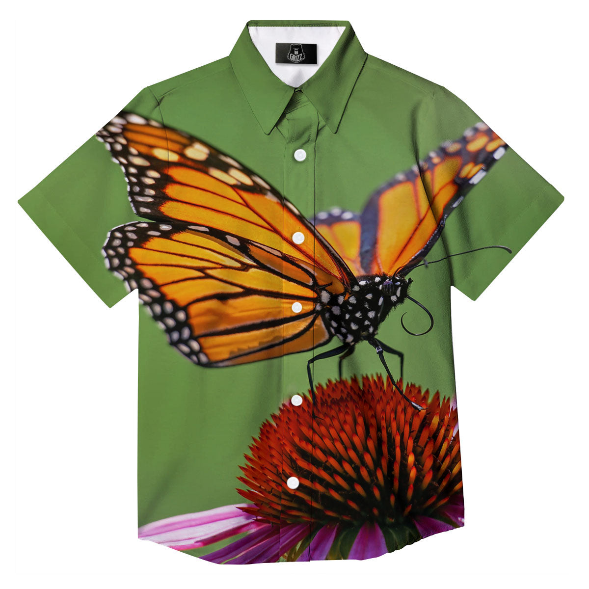 Butterfly Monarch Orange Print Button Up Shirt-grizzshop