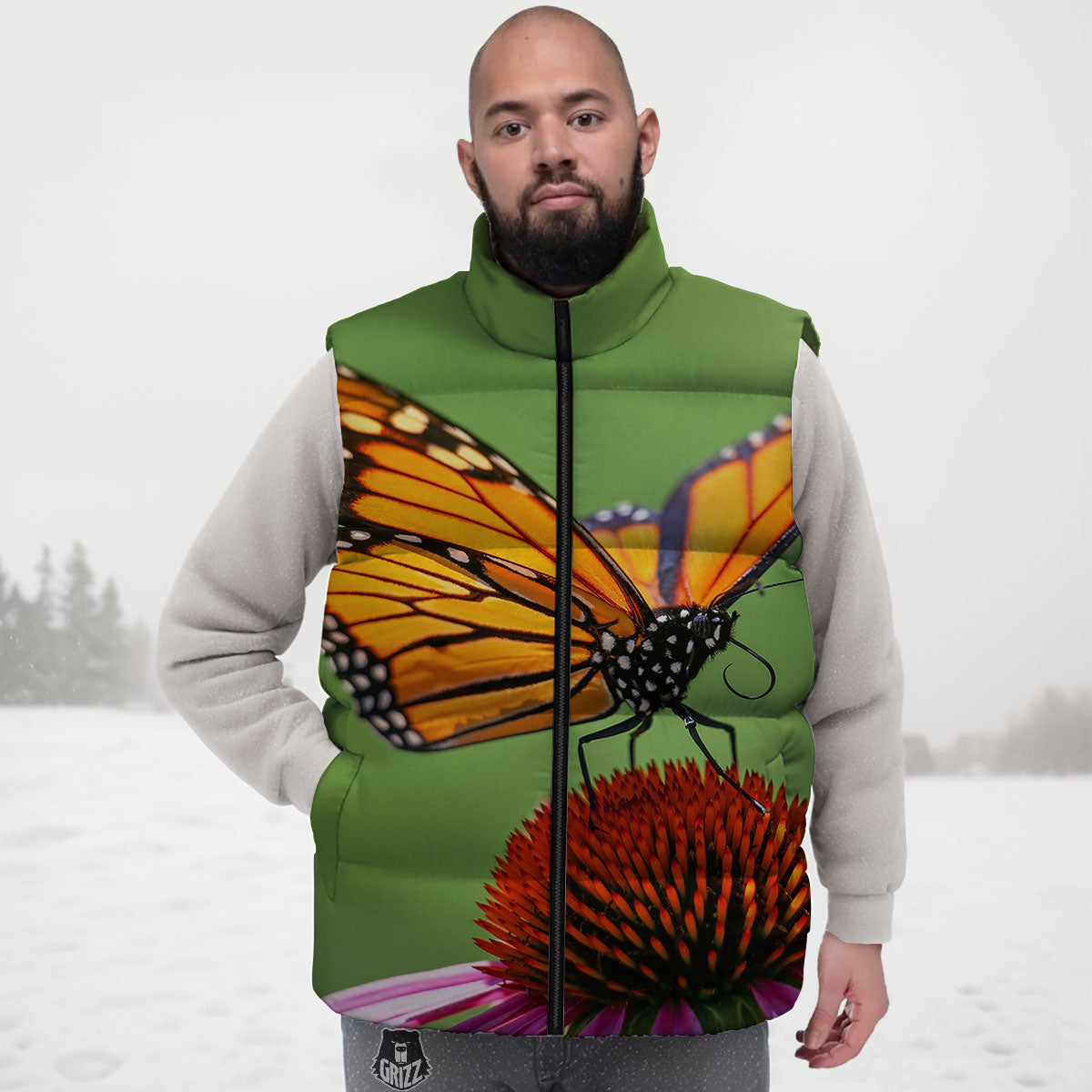 Butterfly Monarch Orange Print Down Vest