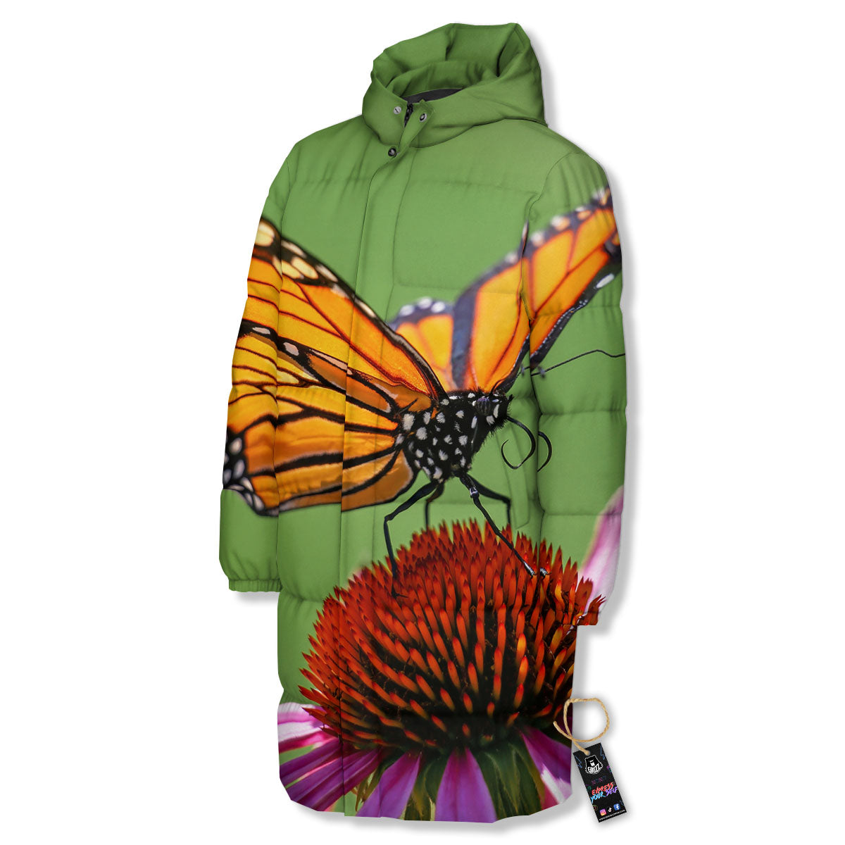 Butterfly Monarch Orange Print Long Down Jacket-grizzshop