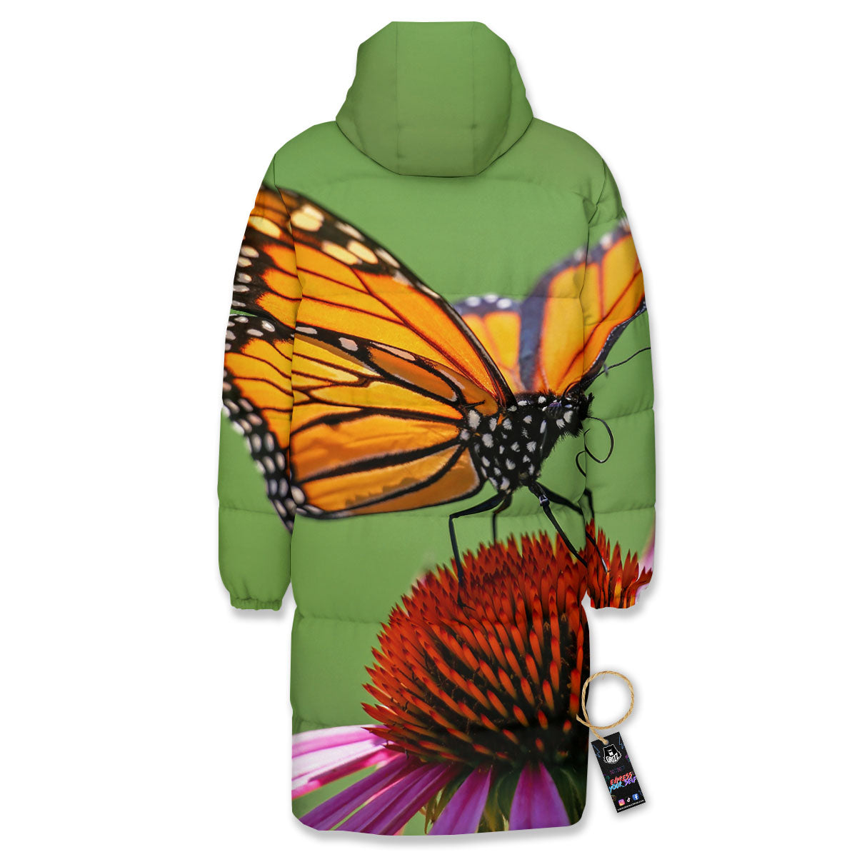 Butterfly Monarch Orange Print Long Down Jacket-grizzshop