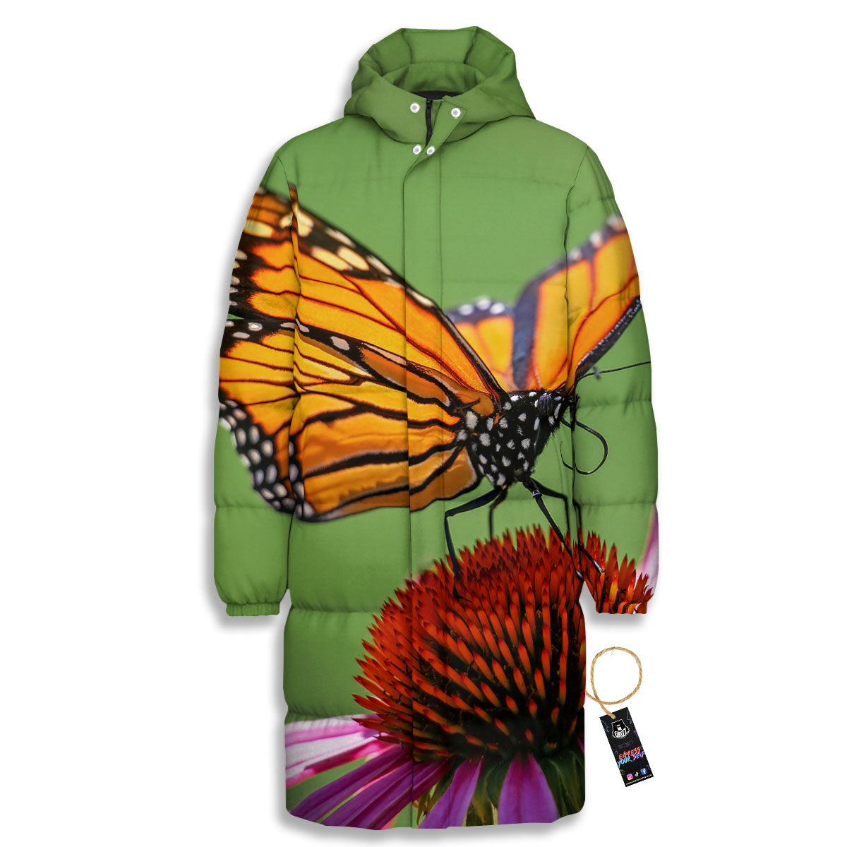 Butterfly Monarch Orange Print Long Down Jacket-grizzshop