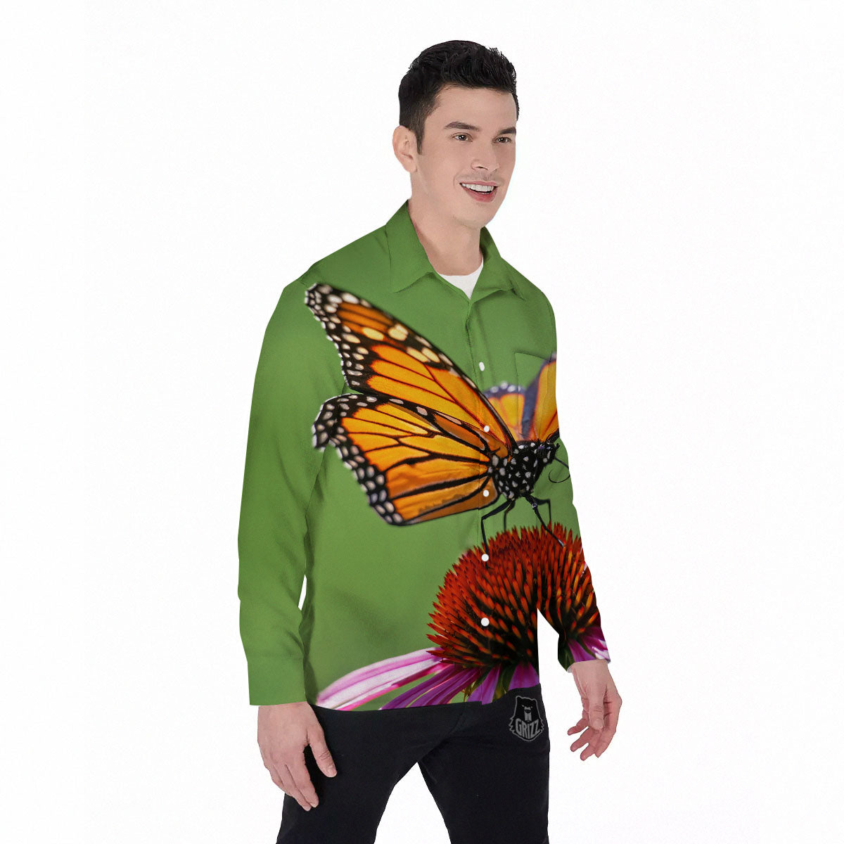 Butterfly Monarch Orange Print Men's Long Sleeve Shirts-grizzshop