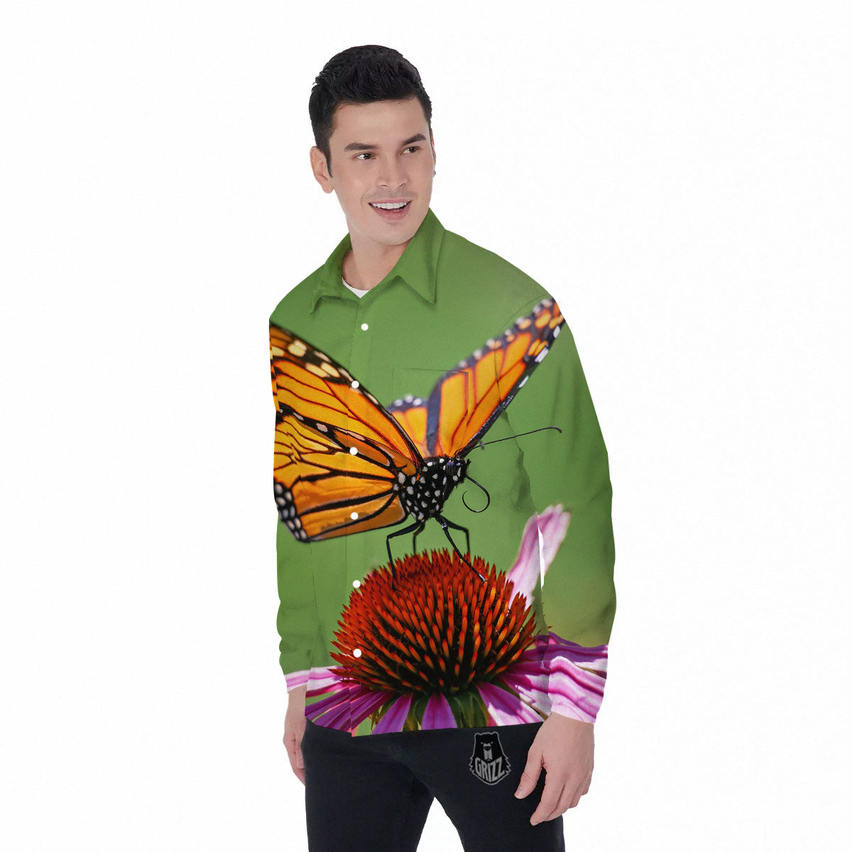 Butterfly Monarch Orange Print Men's Long Sleeve Shirts-grizzshop
