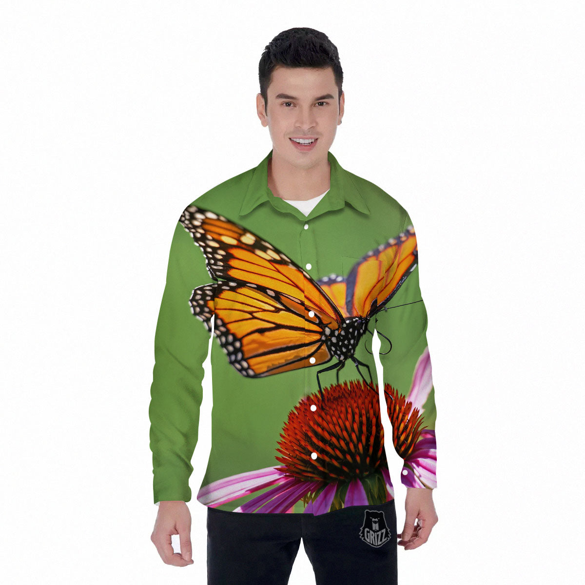 Butterfly Monarch Orange Print Men's Long Sleeve Shirts-grizzshop