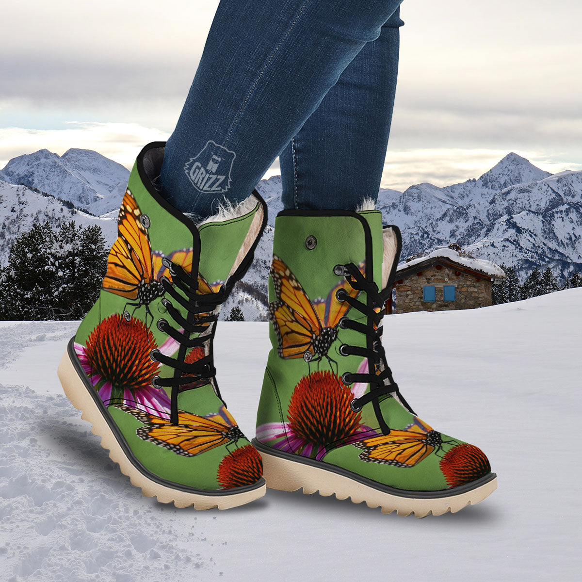 Butterfly Monarch Orange Print Snow Boots-grizzshop