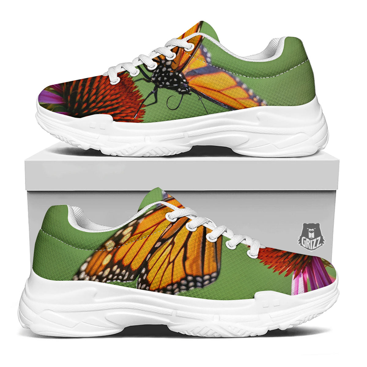 Butterfly Monarch Orange Print White Chunky Shoes-grizzshop