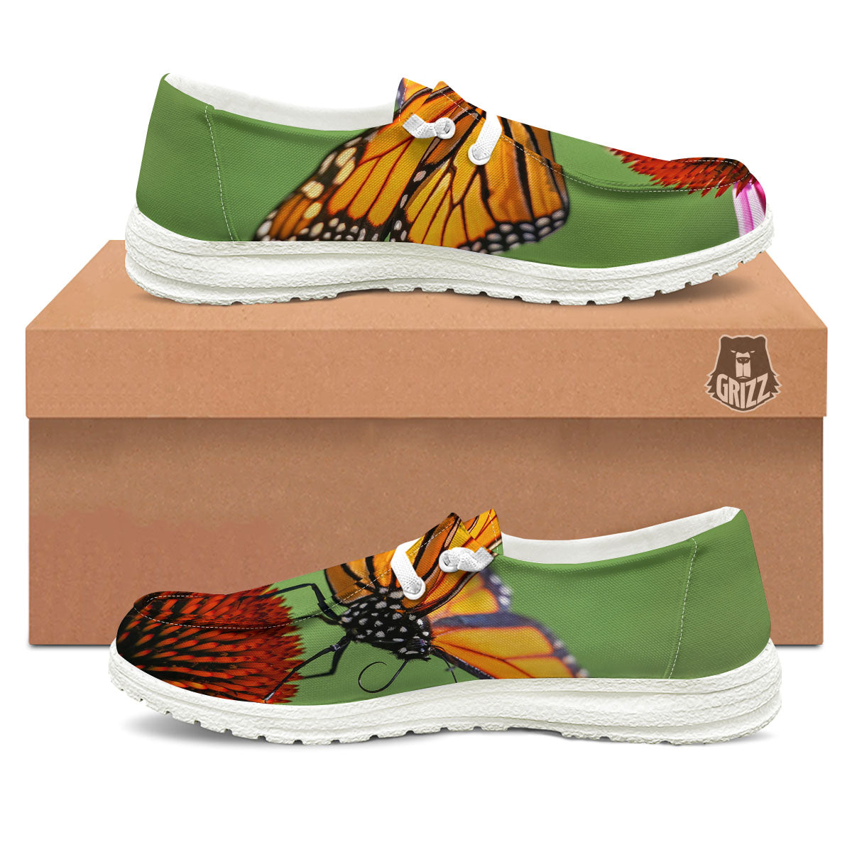 Butterfly Monarch Orange Print White Loafers-grizzshop