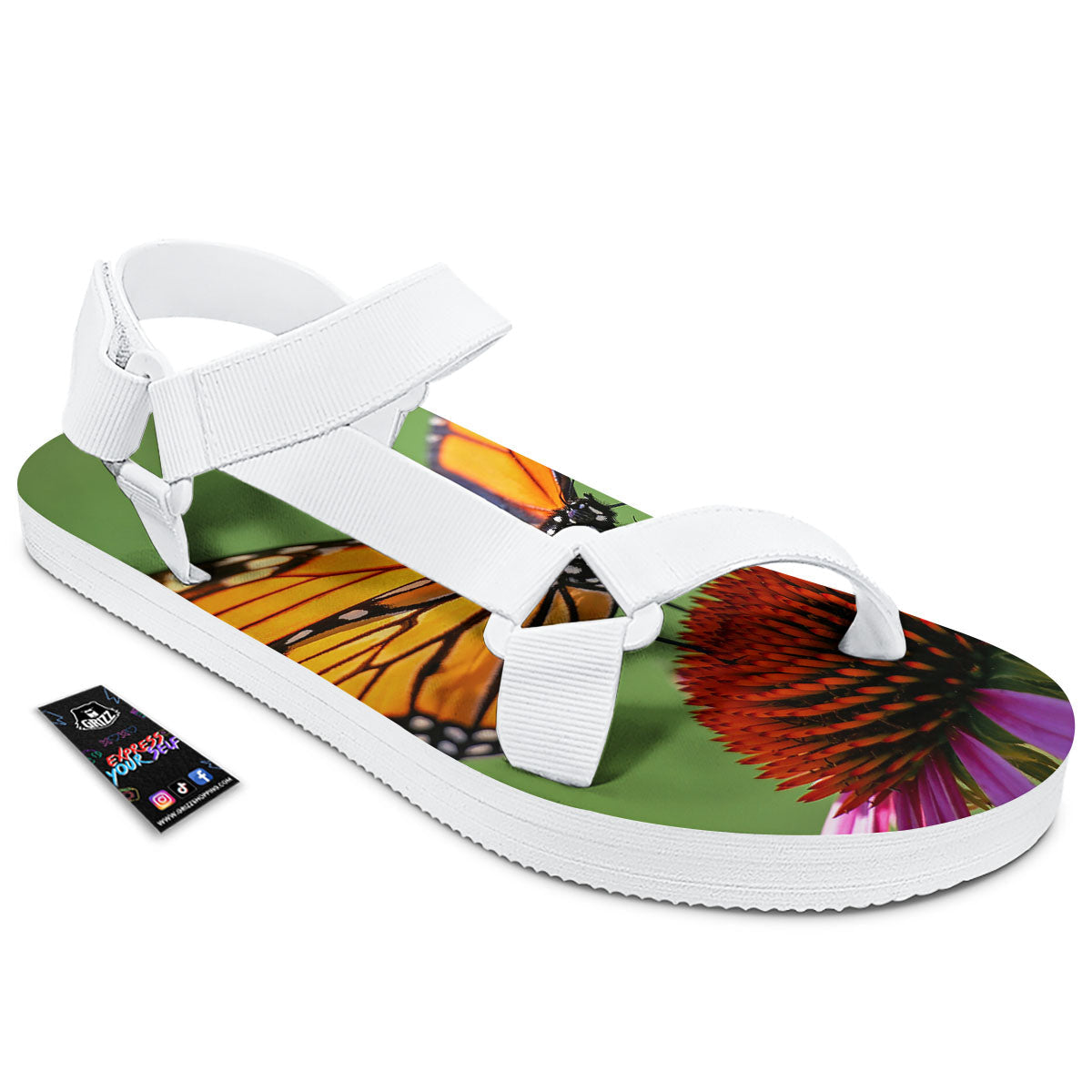 Butterfly Monarch Orange Print White Open Toe Sandals-grizzshop