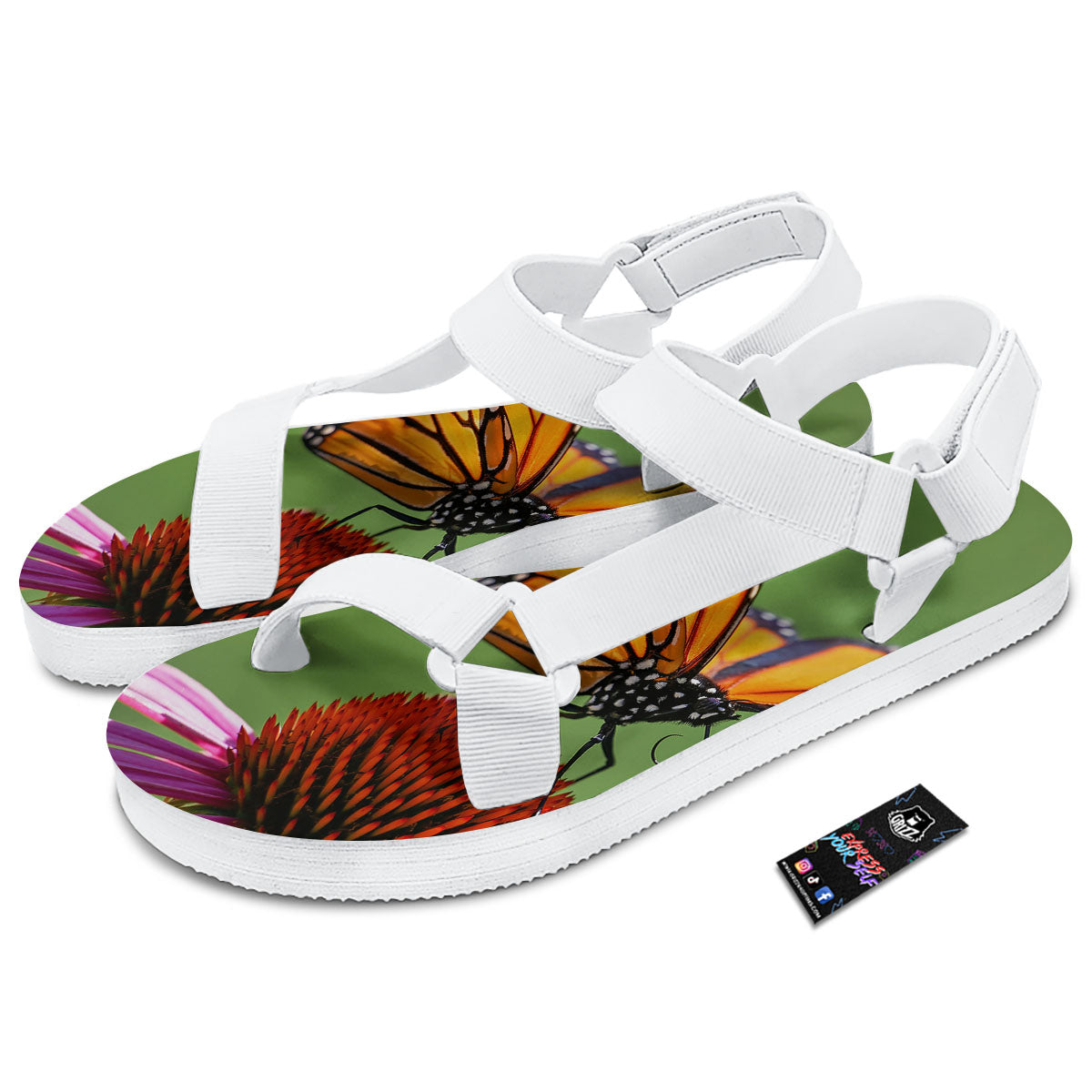 Butterfly Monarch Orange Print White Open Toe Sandals-grizzshop