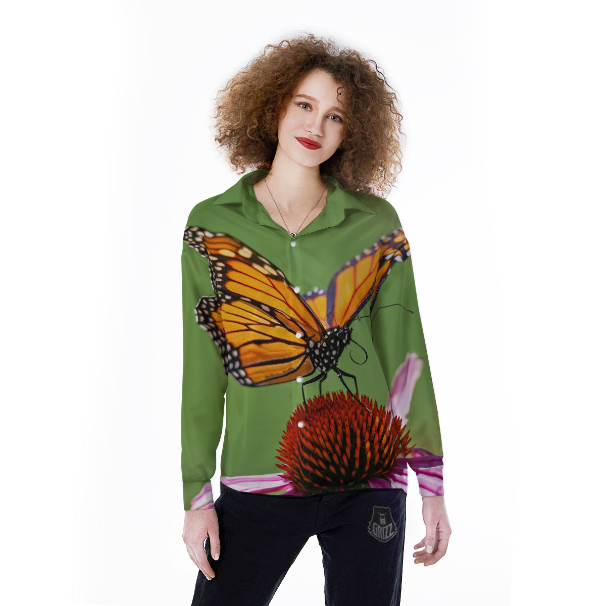 Butterfly Monarch Orange Print Women's Long Sleeve Shirts-grizzshop