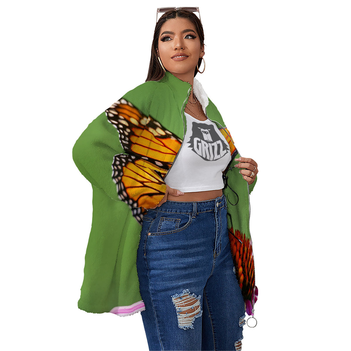 Butterfly Monarch Orange Print Women's Sherpa Jacket-grizzshop