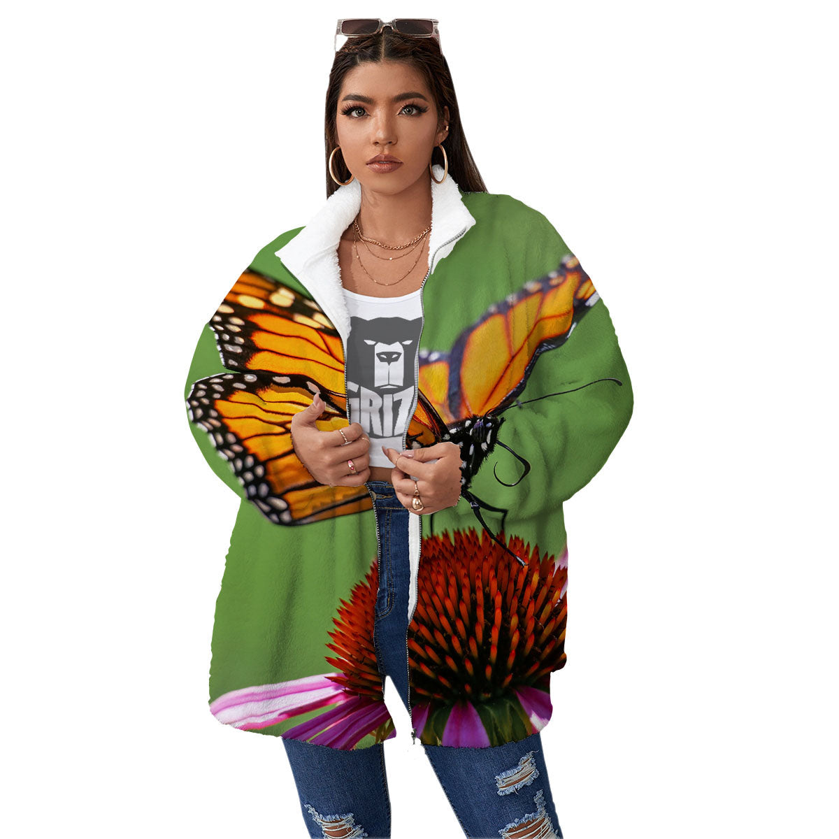 Butterfly Monarch Orange Print Women's Sherpa Jacket-grizzshop