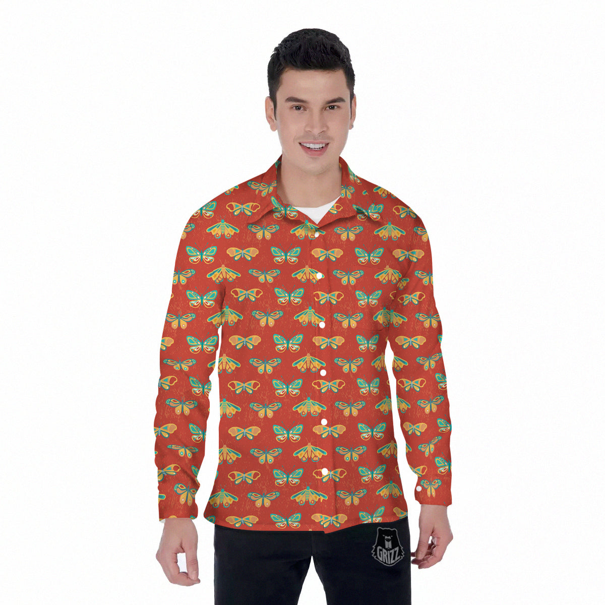 Butterfly Monarch Vintage Print Pattern Men's Long Sleeve Shirts-grizzshop