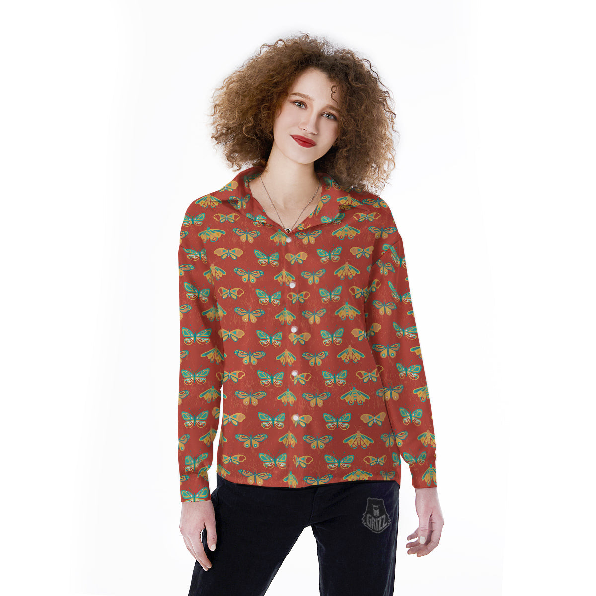 Butterfly Monarch Vintage Print Pattern Women's Long Sleeve Shirts-grizzshop