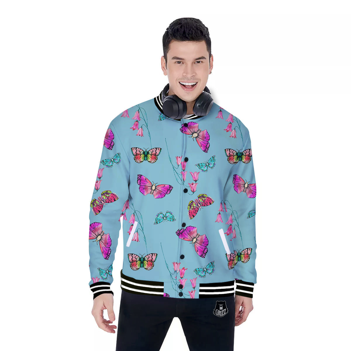 Butterfly Pink And Turquoise Print Pattern Baseball Jacket-grizzshop