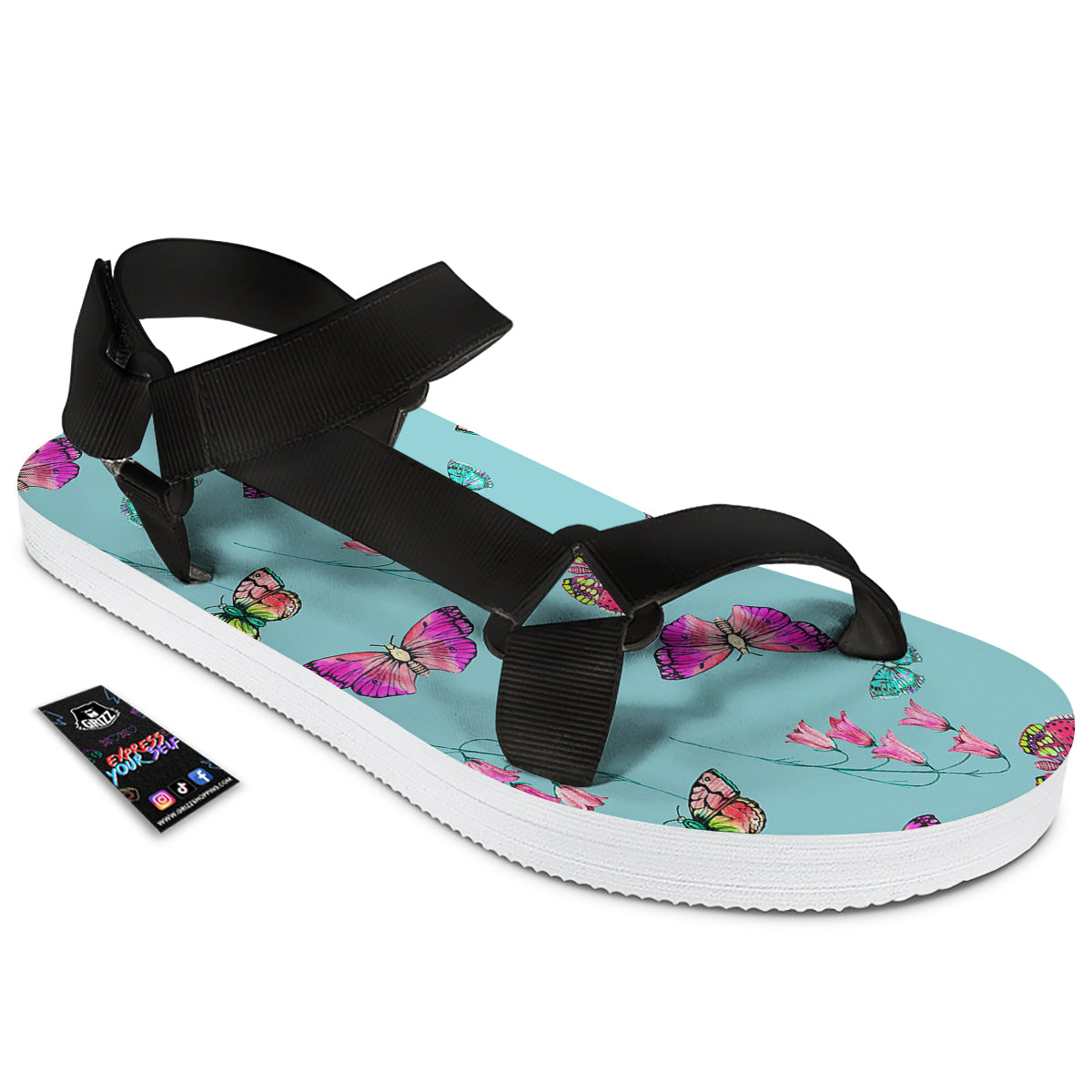 Butterfly Pink And Turquoise Print Pattern Black Open Toe Sandals-grizzshop