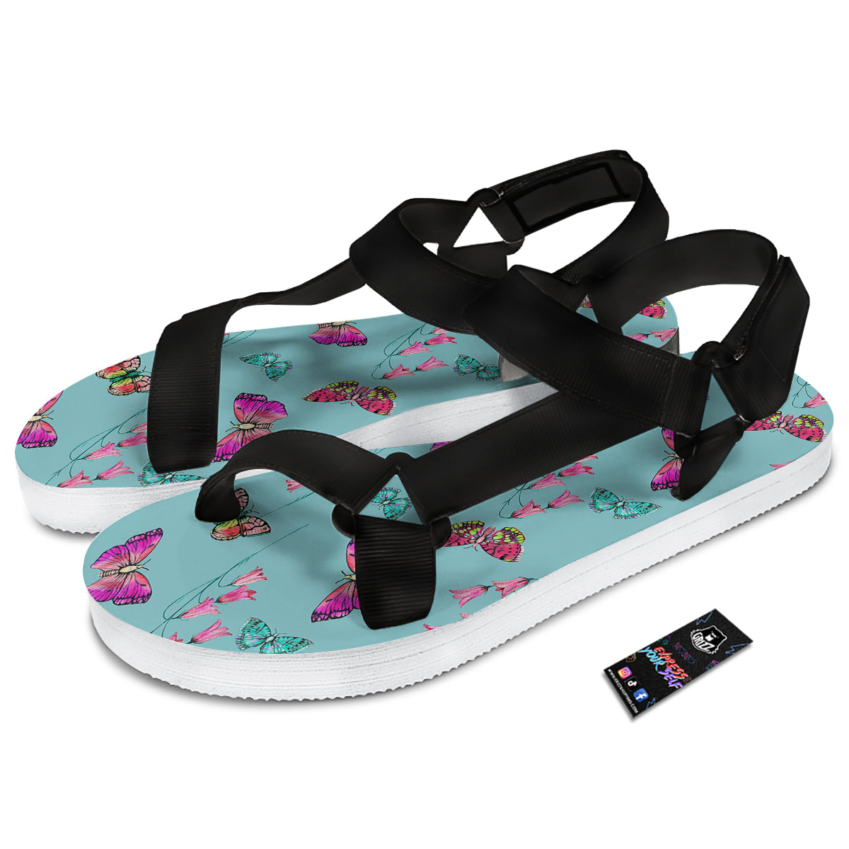 Butterfly Pink And Turquoise Print Pattern Black Open Toe Sandals-grizzshop