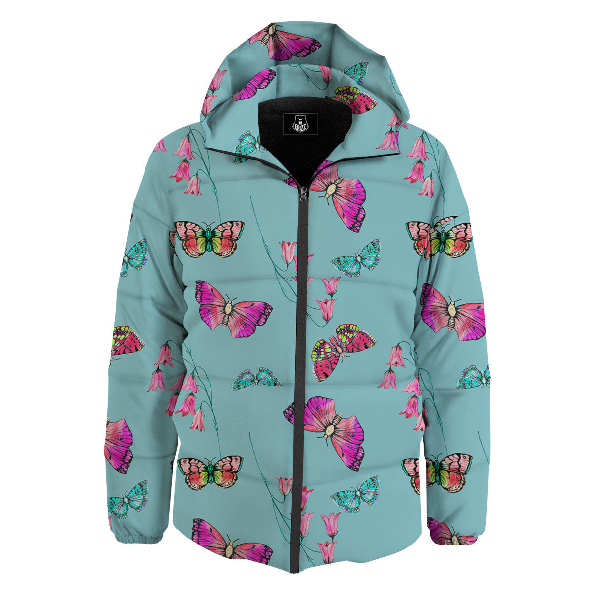 Butterfly Pink And Turquoise Print Pattern Down Jacket-grizzshop