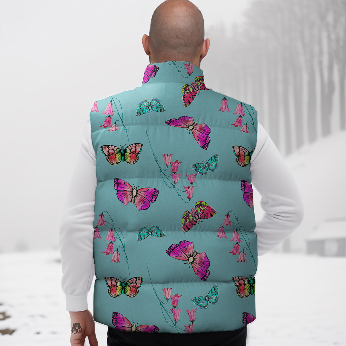 Butterfly Pink And Turquoise Print Pattern Down Vest