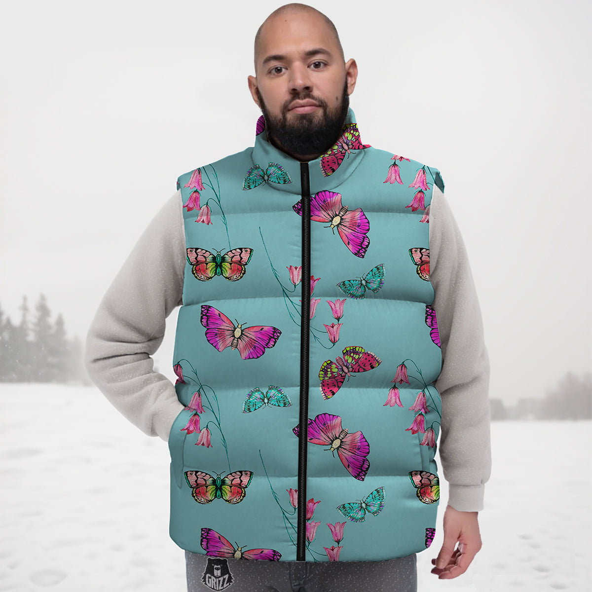 Butterfly Pink And Turquoise Print Pattern Down Vest