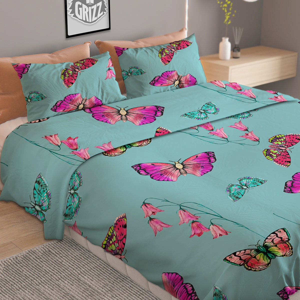 Butterfly Pink And Turquoise Print Pattern Duvet Cover Bedding Set