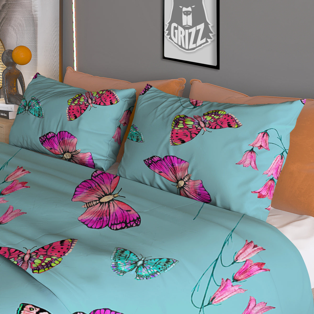 Butterfly Pink And Turquoise Print Pattern Duvet Cover Bedding Set