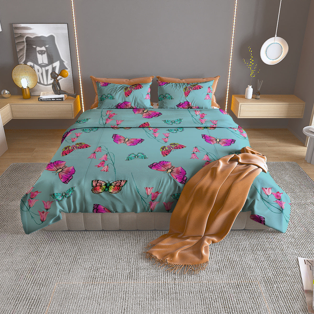 Butterfly Pink And Turquoise Print Pattern Duvet Cover Bedding Set