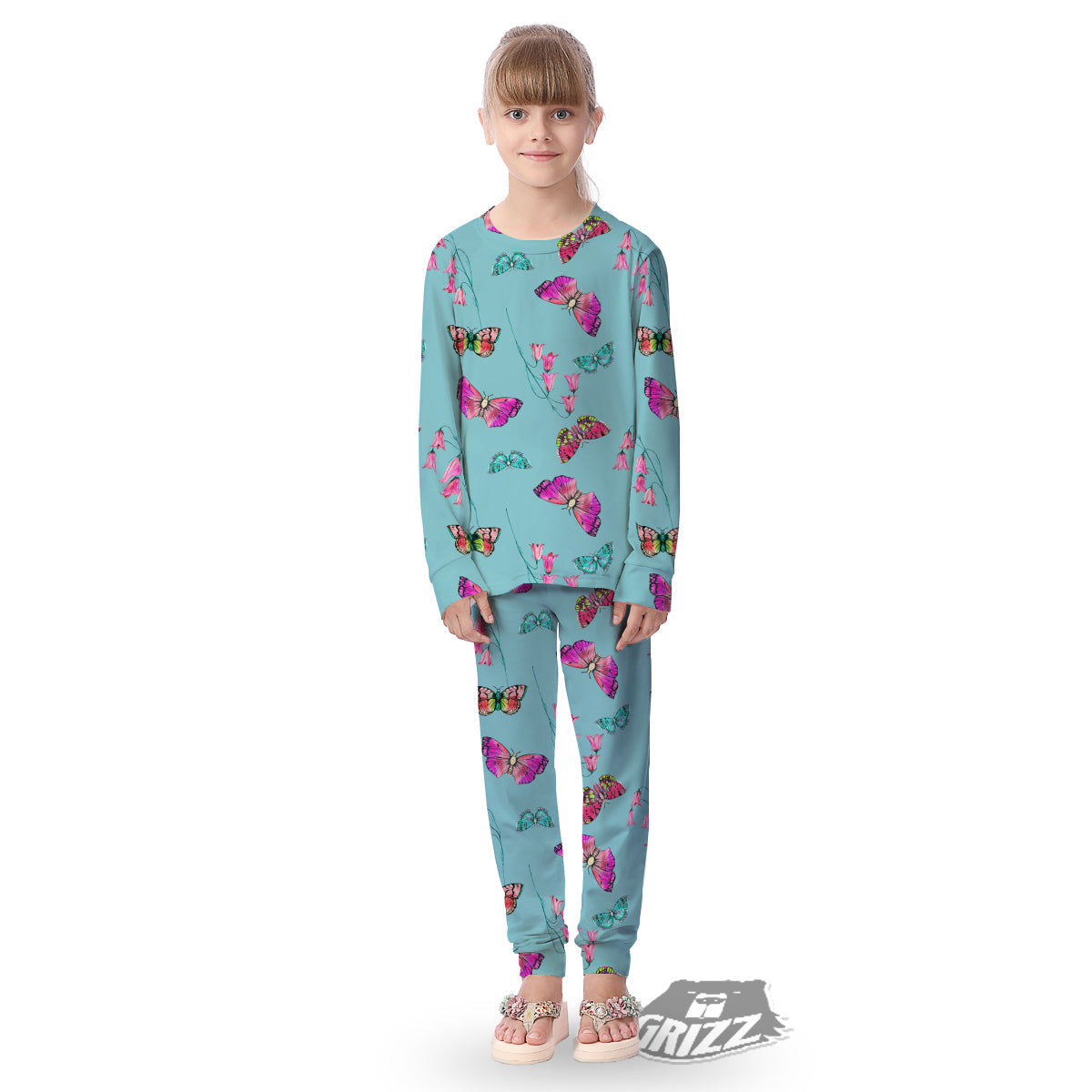 Butterfly Pink And Turquoise Print Pattern Kid's Pajamas-grizzshop