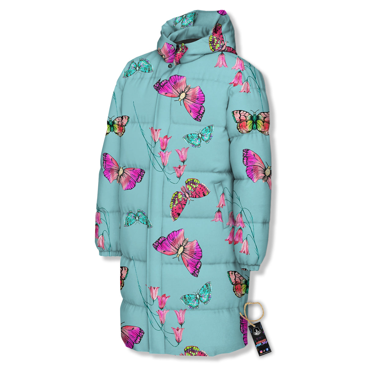 Butterfly Pink And Turquoise Print Pattern Long Down Jacket-grizzshop