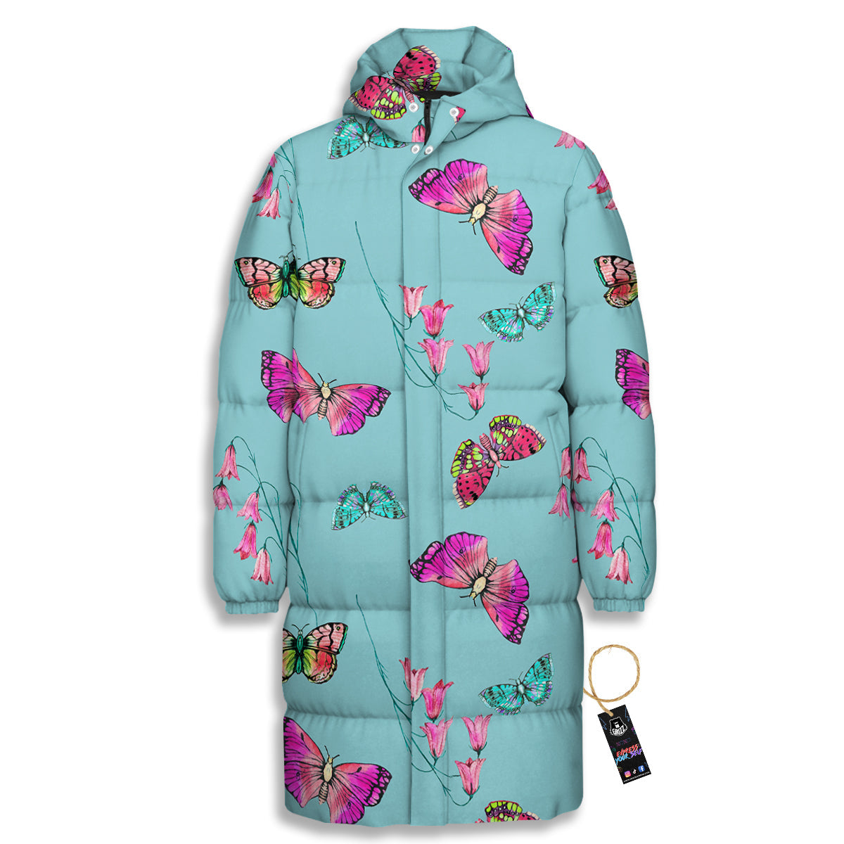 Butterfly Pink And Turquoise Print Pattern Long Down Jacket-grizzshop