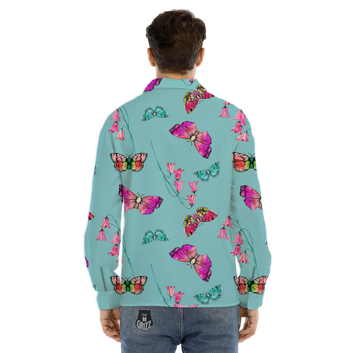 Butterfly Pink And Turquoise Print Pattern Men's Dress Shirts-grizzshop